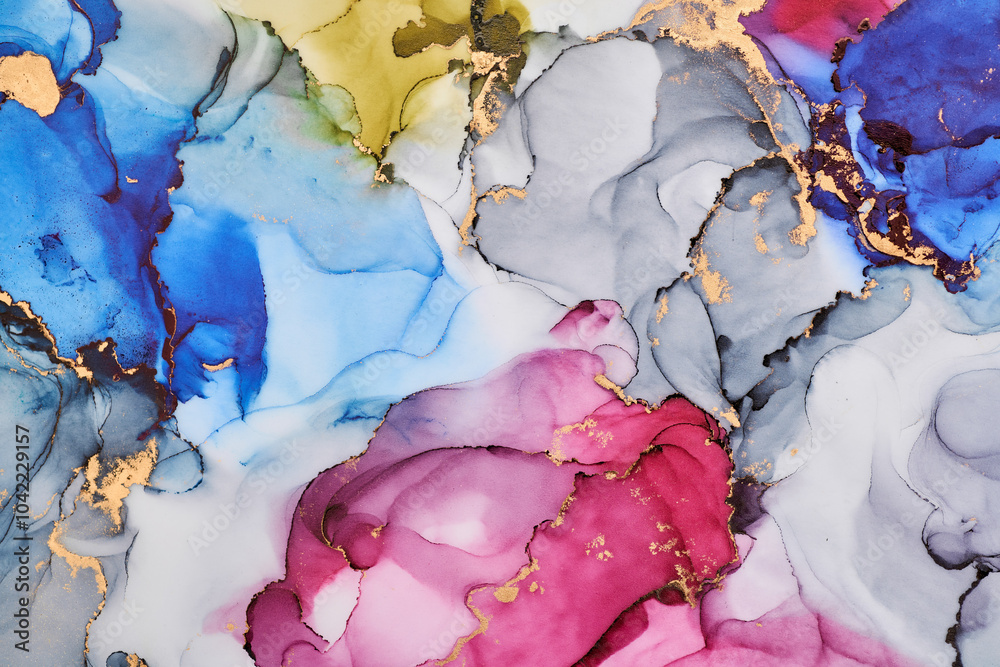 Obraz premium Current of translucent hues intertwine with metallic gold veins, shaping organic luxurious landscape. This fluid art, abstract liquid ink technique, light and shadow dance across free-flowing textures