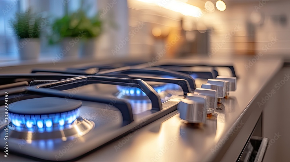 A detailed view of a modern stove in a kitchen setting showcases a light blue tile backsplash and stainless steel appliances, emphasizing contemporary design and craftsmanship.