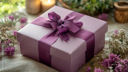 A beautifully wrapped lavender gift box adorned with a satin ribbon among fre...