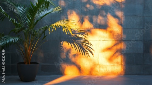 A striking palm tree shadow cast against a textured wall during late afternoo...