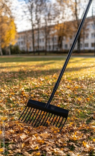 A person gathers bright orange leaves with a rake, surrounded by a mix of dry leaves scattered on the grass, showcasing the essence of autumn.