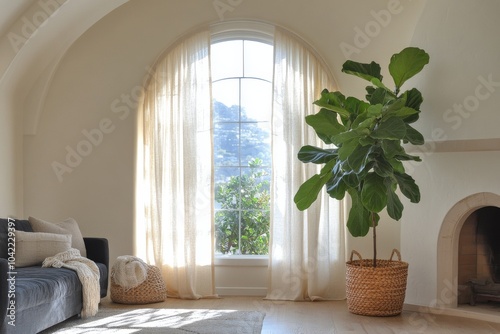 Bright and airy living room featuring a large indoor plant with stylish decor...
