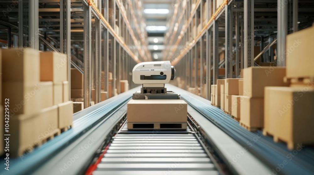 A warehouse robot sorting packages on a conveyor belt, industrial setting with rows of shelves and packages, Industrial Robotics style A warehouse robot sorting packages on a conveyor belt, industrial setting with rows of shelves and packages, Industrial Robotics style