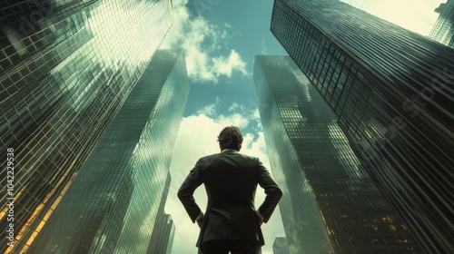 A business professional gazes upward at skyscrapers in a bustling city during...