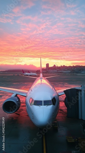 Sunset view of an airplane at the airport with vibrant skies in the background