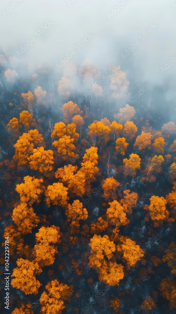 Fototapeta premium Foggy autumn mountains with vibrant fall colors, mist covering the peaks and trees, creating a peaceful and serene landscape for stock visuals. Misty autumn mountain range with colorful fall foliage, 