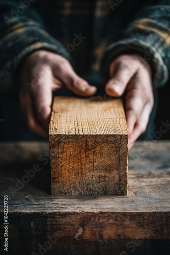 A hand reaching for a wooden block on a rustic table in a workshop environment