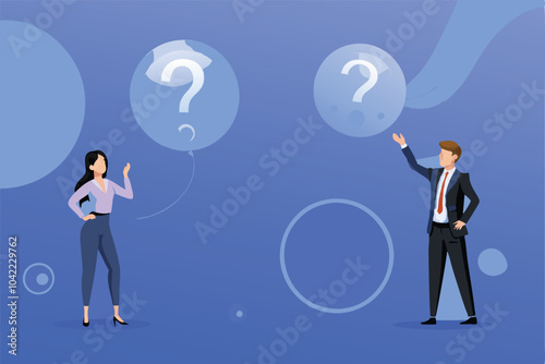 Illustration of a woman and man discussing, each with a question mark above their head.