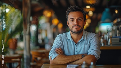 Young man in a cozy caf smiling while sitting at a wooden table during daytime