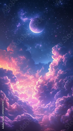A breathtaking cosmic view showcasing vibrant clouds and a crescent moon in a...