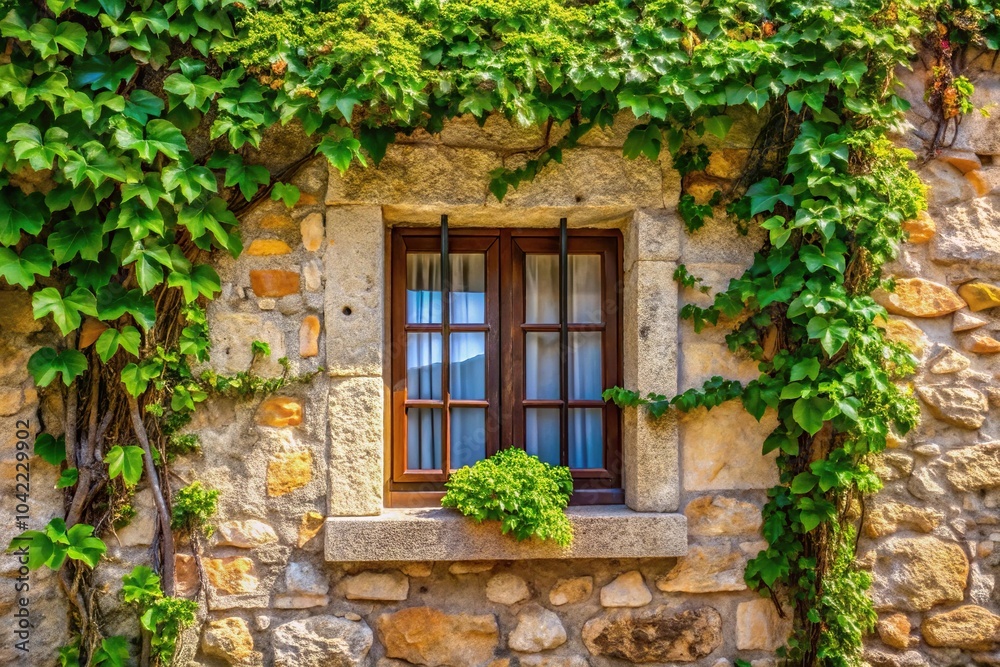 Reflected picturesque window framed with rectangular stone exterior and vine hanging down Reflected picturesque window framed with rectangular stone exterior and vine hanging down
