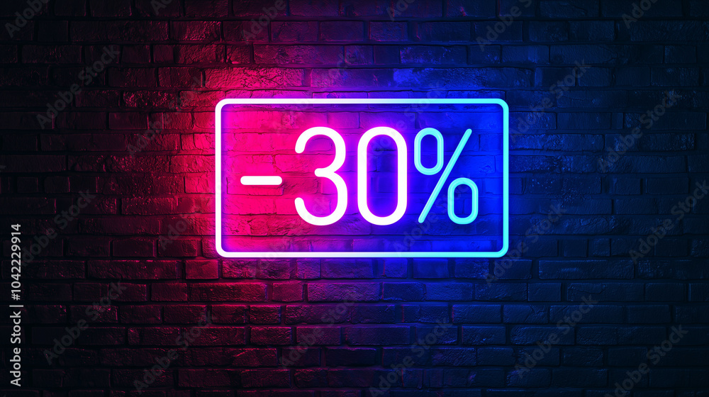 Fototapeta premium Neon 30 percent discount sign on brick wall. Cyber Monday mockup. Digital retail concept. Image for advertising with copy space.