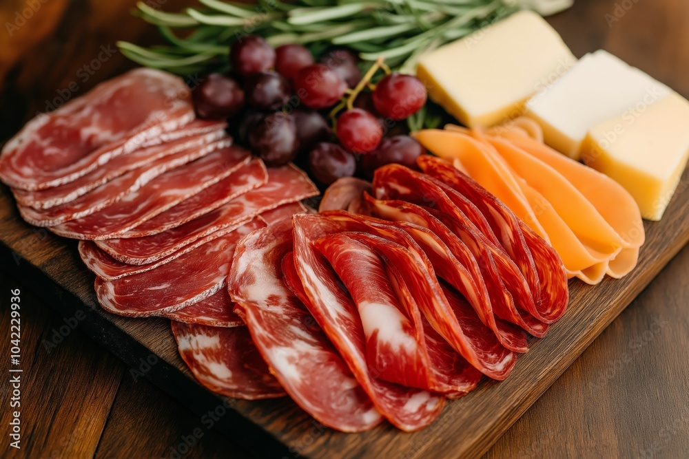 A charcuterie board featuring an assortment of cured meats, cheeses, and fresh grapes, garnished with sprigs of rosemary, creating a rustic and gourmet food presentation A charcuterie board featuring an assortment of cured meats, cheeses, and fresh grapes, garnished with sprigs of rosemary, creating a rustic and gourmet food presentation