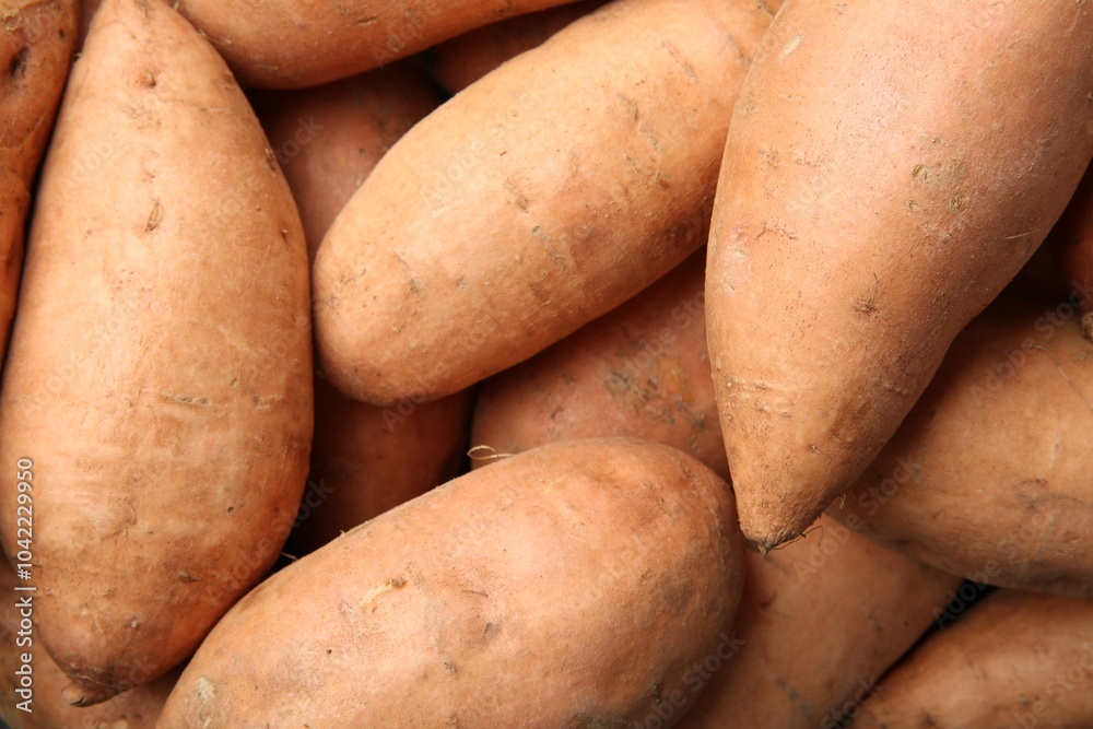 Fresh raw sweet potatoes as background, top view Fresh raw sweet potatoes as background, top view