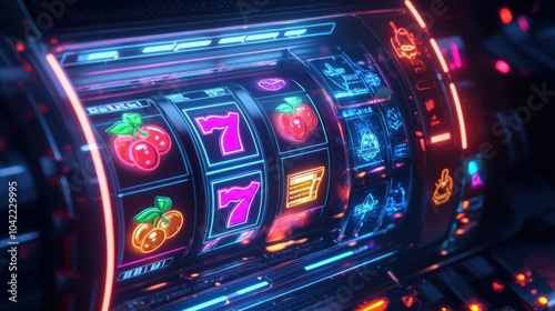 Spinning reels on a vibrant slot machine light up with classic symbols, inviting players to try their luck in a bustling casino. Generative AI