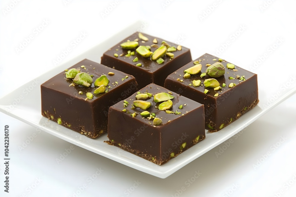 Obraz premium Gourmet Chocolate Fudge Squares Sprinkled with Pistachios on a White Plate Perfect for Product Banners or Marketing 