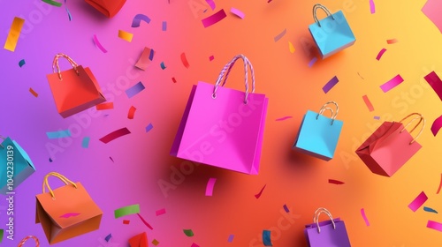 Vibrant Cyber Monday Celebration Illustration with Confetti and Shopping Bags on Gradient Background