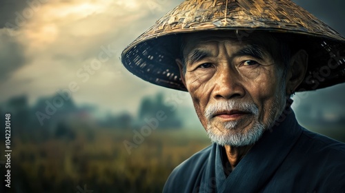 Elderly Man with a Weathered Face, Wearing a Straw Hat, and a Serious Expression in a Rural Setting