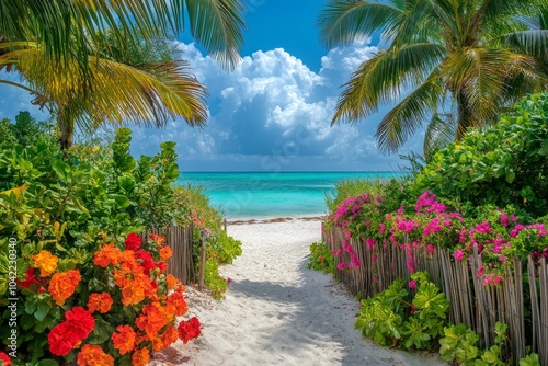 A tranquil path through vibrant flowers leads to a serene beach on a sunny day