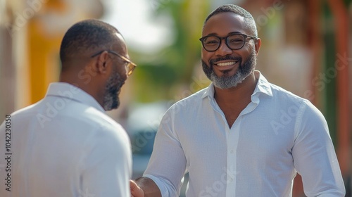 Two men shaking hands in a modern kitchen setting during the daytime while we...
