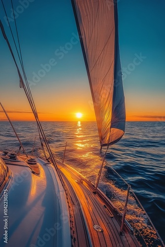 Sailing at sunset with a view of the horizon and water under a clear sky