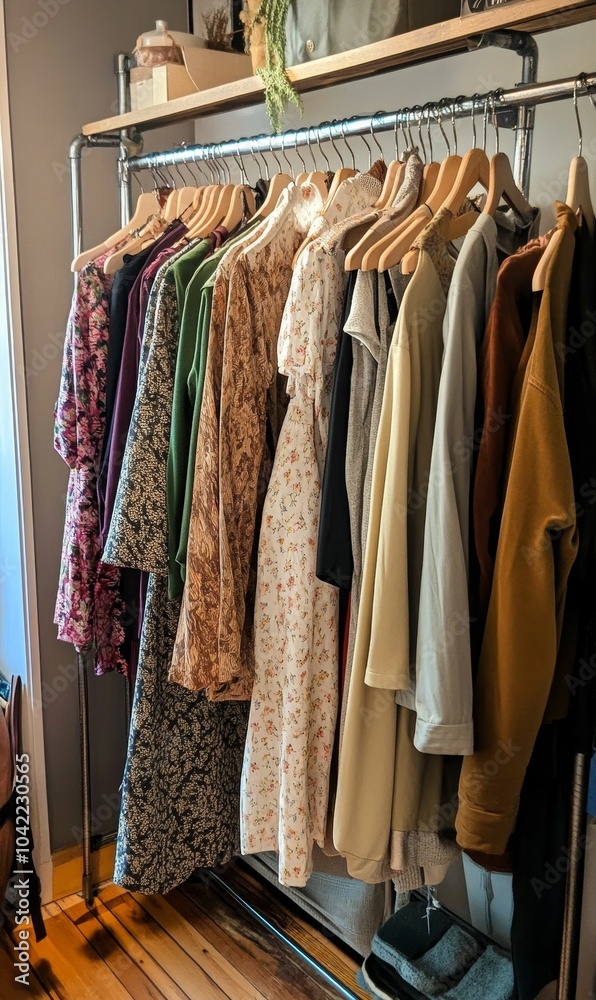Clothes hanging on rack in a room. Clothes hanging on rack in a room.