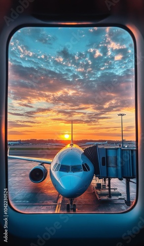 Sunrise view of an airplane at the gate with vibrant clouds at the airport ea...