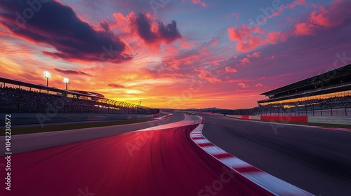 Dramatic sunset casts vibrant colors over racing track during competitive event in the evening