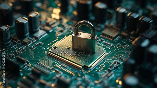 A digital lock placed on a microprocessor showcasing cybersecurity concepts i...