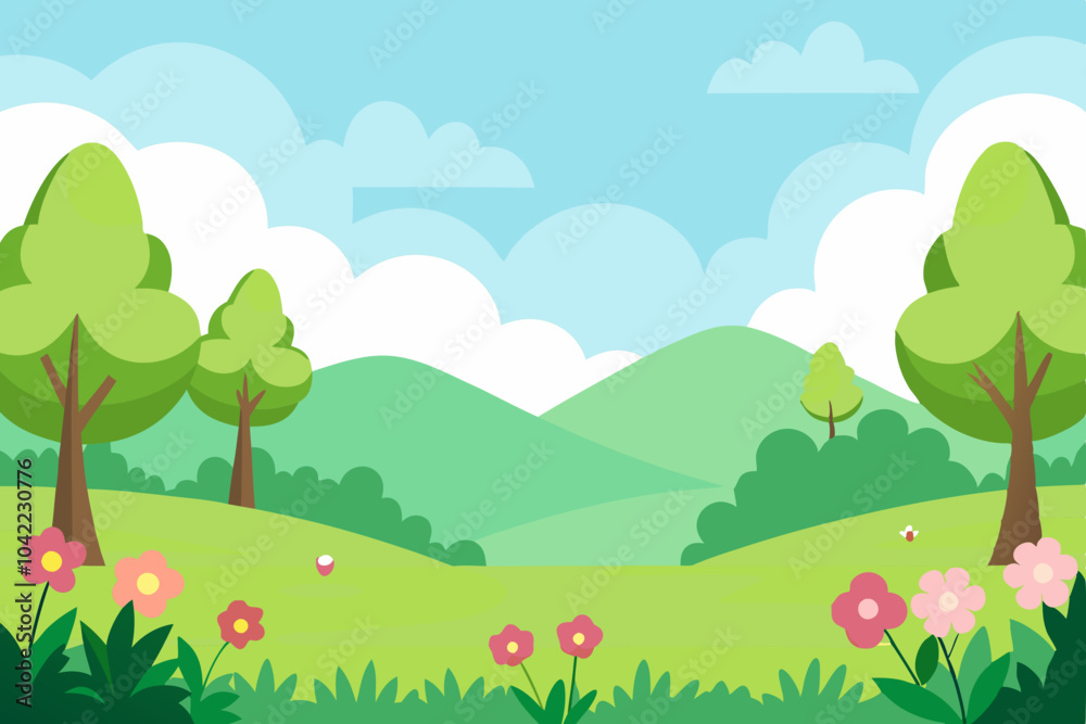 Blank meadow flower landscape scene with many trees Blank meadow flower landscape scene with many trees