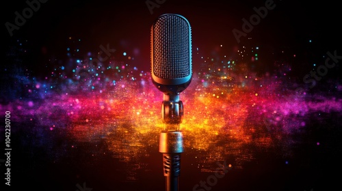 A close up of a microphone in front of colorful lights during a live music ev...