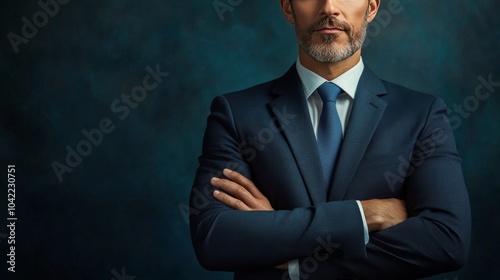 Business professional in formal attire with arms crossed in upscale office se...