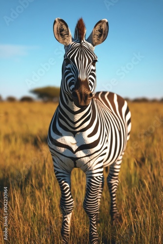 A zebra stands gracefully in tall grass under a bright blue sky in the Africa...