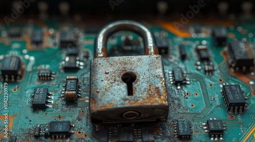 A digital lock placed on a microprocessor showcasing cybersecurity concepts i...
