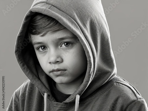 A black-and-white portrait of a young boy in a hoodie, with another hoodie design on it, looking serious. The monochrome style emphasizes his thoughtful expression and the simplicity of the scene.