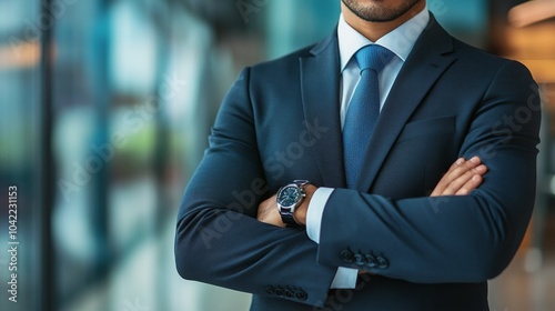 Business professional in formal attire with arms crossed in upscale office se...