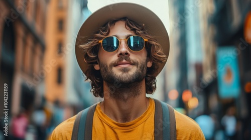 A stylish man wearing sunglasses and a hat walks through a busy city street d...