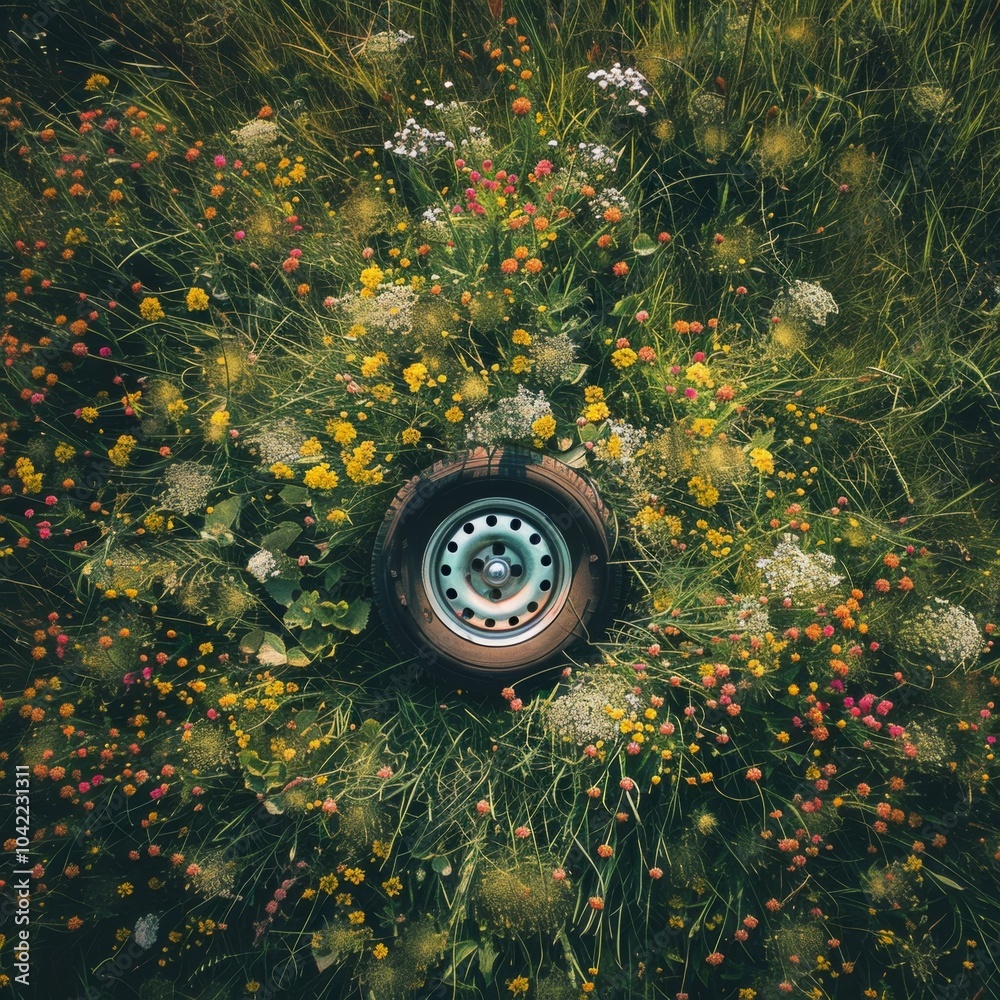 A tire is in the middle of a field of flowers A tire is in the middle of a field of flowers