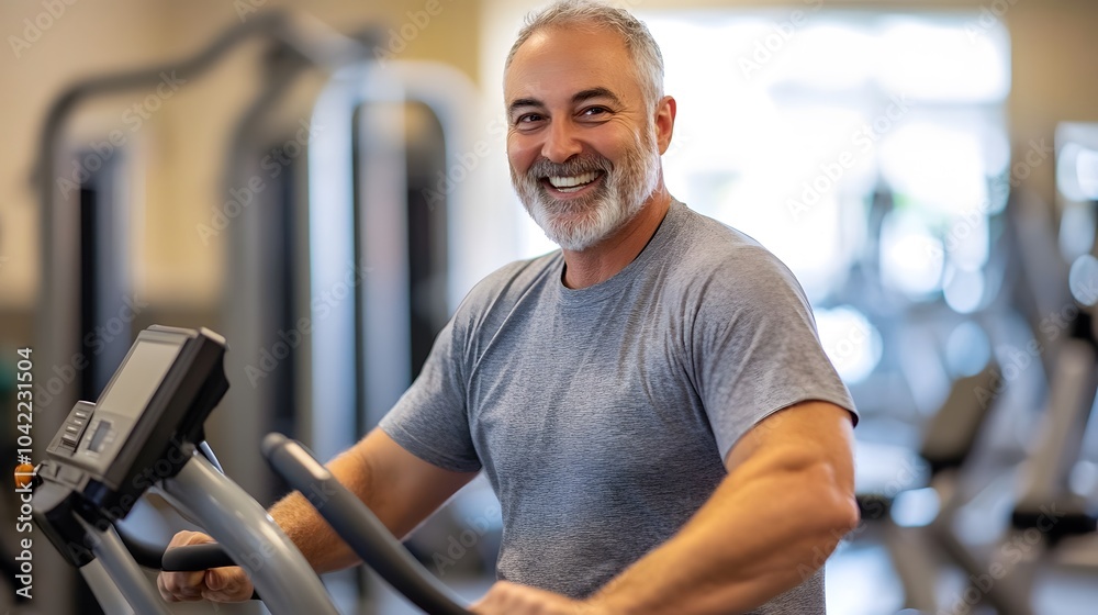 A photograph of an elderly man smiling while exercising on a stationary bike in his fitness center A photograph of an elderly man smiling while exercising on a stationary bike in his fitness center