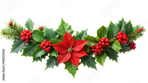 Festive Holly Garland with Red Berries and Poinsettia Flower Isolated on White Transparent Background, PNG Element