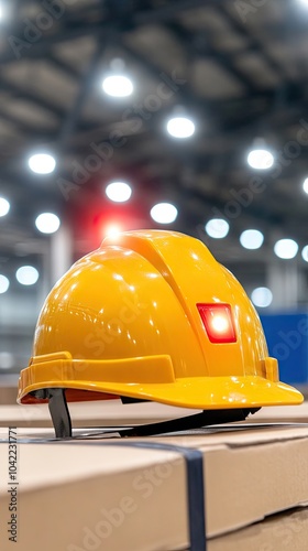 A vibrant yellow construction helmet with a red flashing light, prominently displayed in a studio setting, showcases safety gear innovation photo