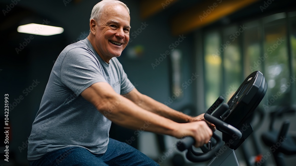A photograph of an elderly man smiling while exercising on a stationary bike in his fitness center A photograph of an elderly man smiling while exercising on a stationary bike in his fitness center