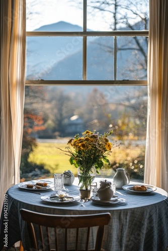 Cozy dining area with a stunning mountain view in a winter landscape during d...