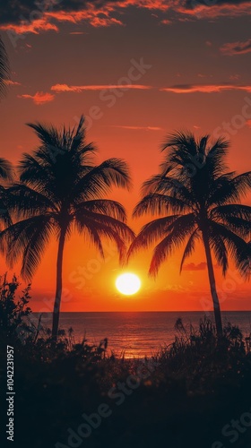 Sunset view through palm trees along a coastal road in California during gold...