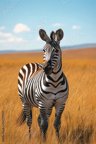 A zebra stands gracefully in tall grass under a bright blue sky in the Africa...