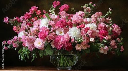 Beautiful floral arrangement featuring pink daisies and white lilies in a dec...