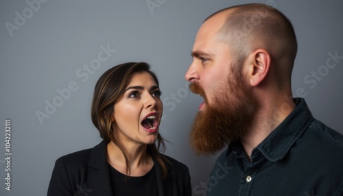 Intense argument between two people with contrasting expressions in a neutral setting