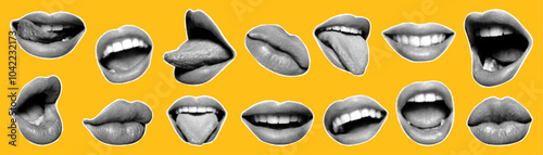 Trendy set of female lips with a halftone effect. Various female mouths cut out from newspaper in retro collage style.
