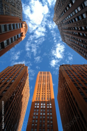 Skyscrapers reaching for the blue sky in a vibrant urban landscape during day...