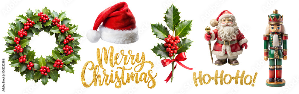 Christmas set with thematic holiday elements Wreath, Santa Hat, Holly, Santa Claus, Nutcracker, Isolated on White Transparent Background, PNG Element. Christmas traditional ornaments and decorations Christmas set with thematic holiday elements Wreath, Santa Hat, Holly, Santa Claus, Nutcracker, Isolated on White Transparent Background, PNG Element. Christmas traditional ornaments and decorations